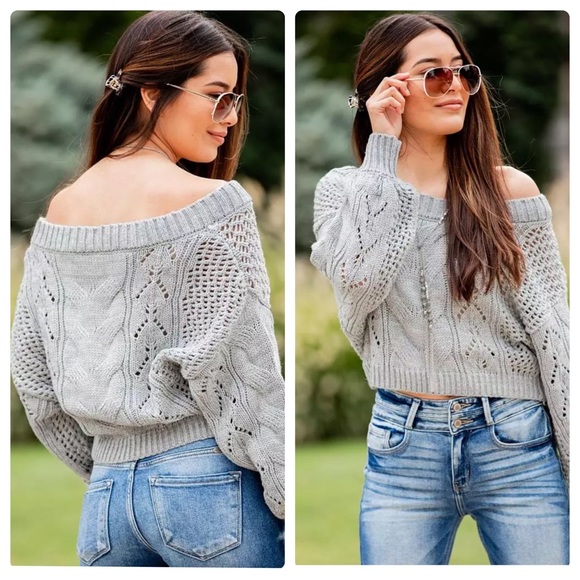 WILLOW & ROOT Pointelle Cropped Cable Knit Sweater LARGE Gray EUC! - Picture 1 of 8